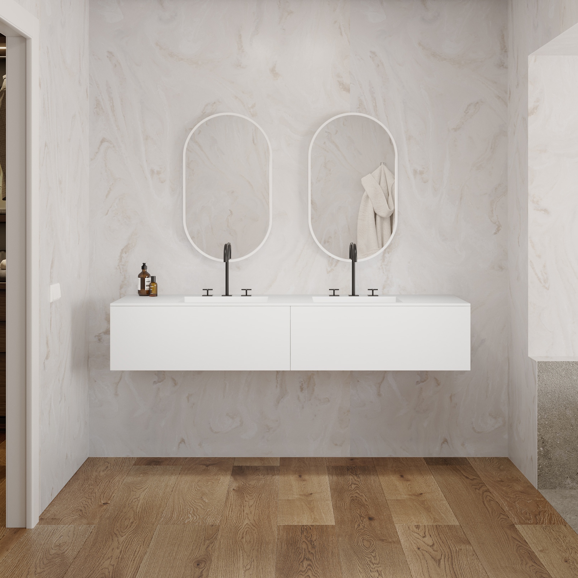 MDF + CORIAN®, Lavabo doble Sagitta Corian® + mueble de lavabo de pared  Gaia Classic - 2 cajones