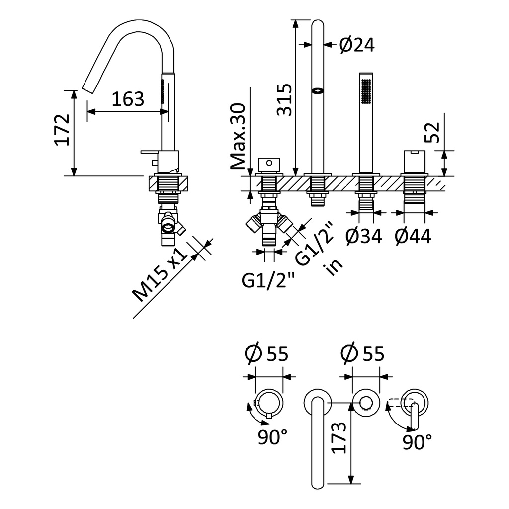 Deck-Mounted Single Lever Bathtub Tap - 1679901 Bruma