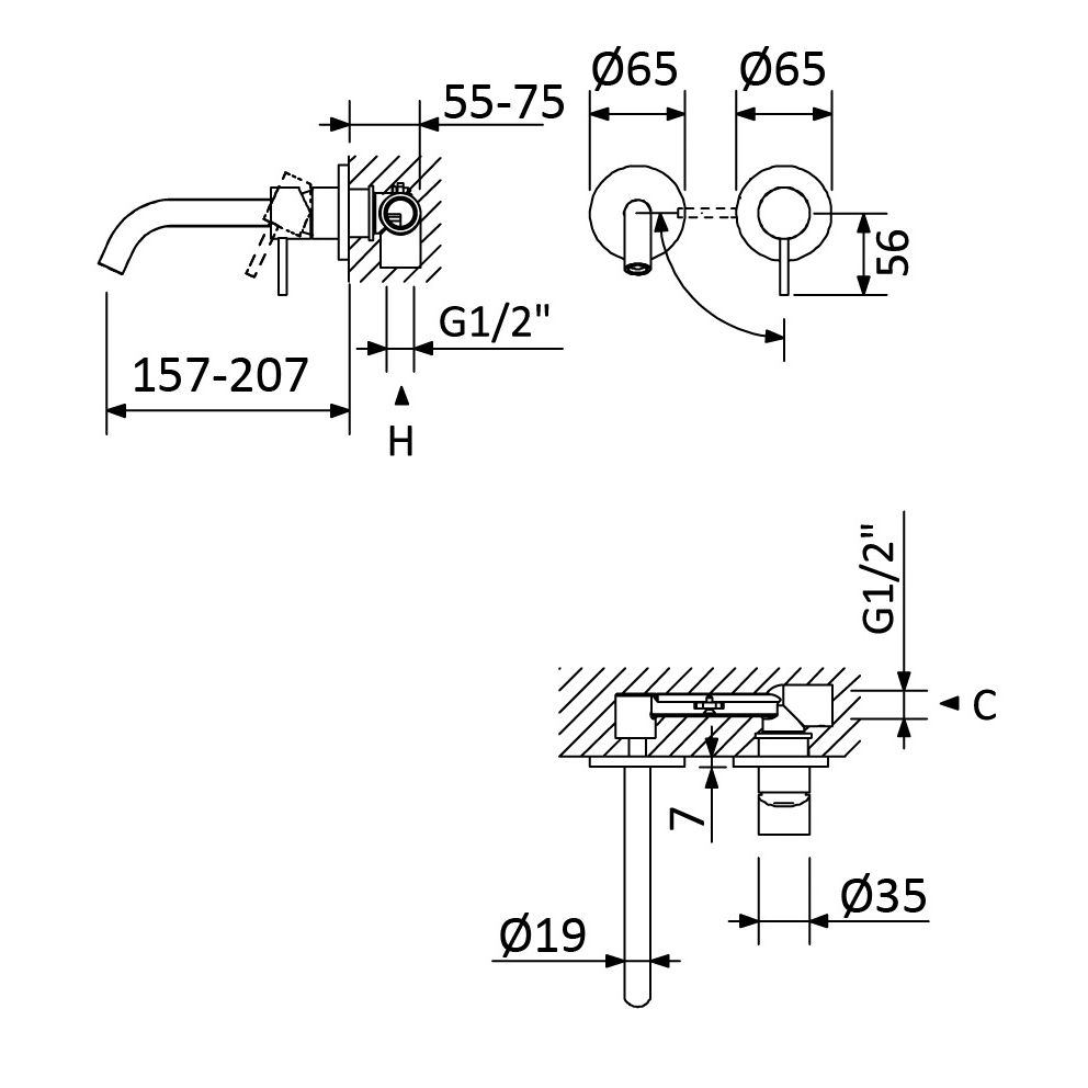 Wall-Mounted Washbasin Tap 2 Holes 23cm - 1678402 Bruma