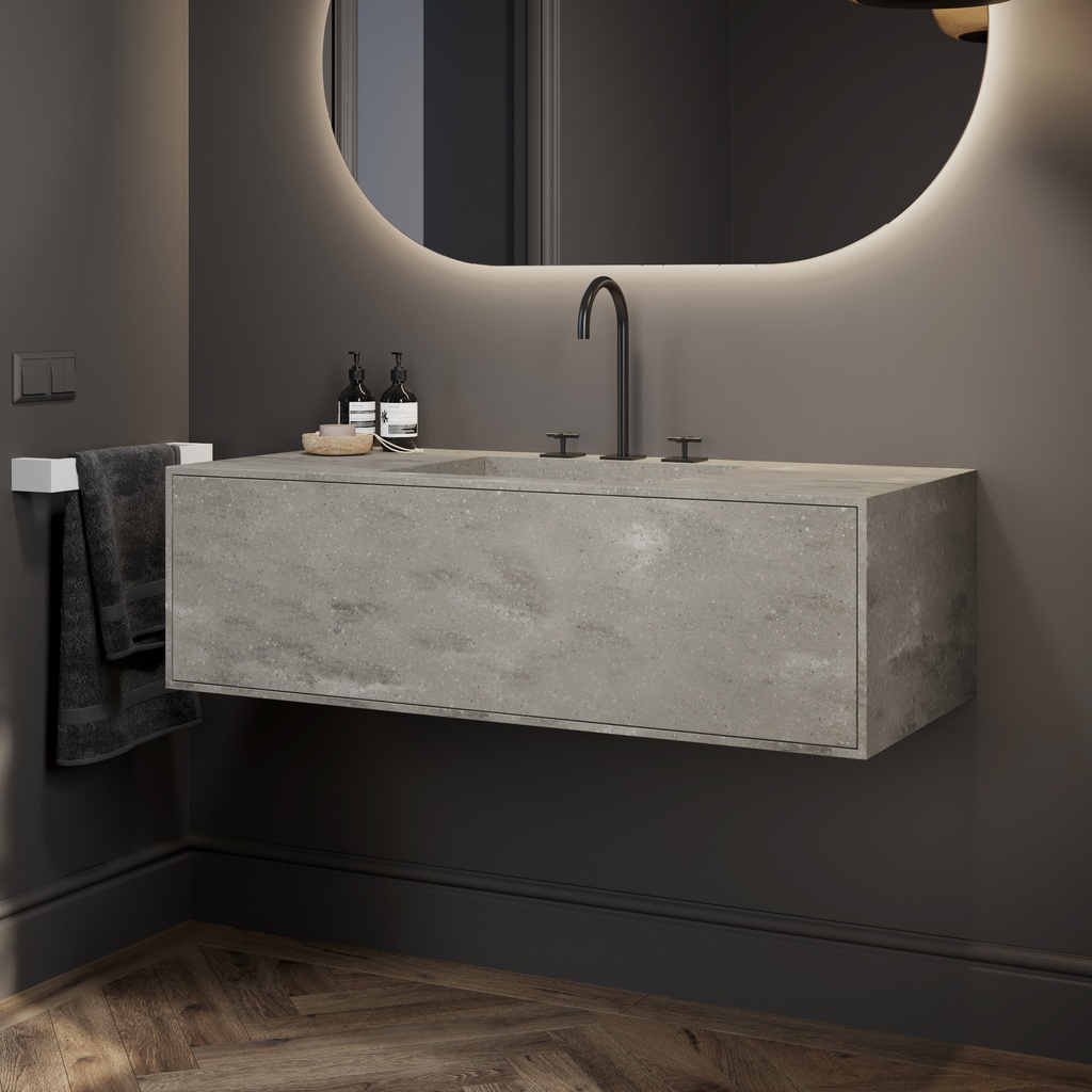 Gaia Corian® Edge Vanity Unit with Corian® Basin | 1 Drawer · Ash Aggregate Push Side View