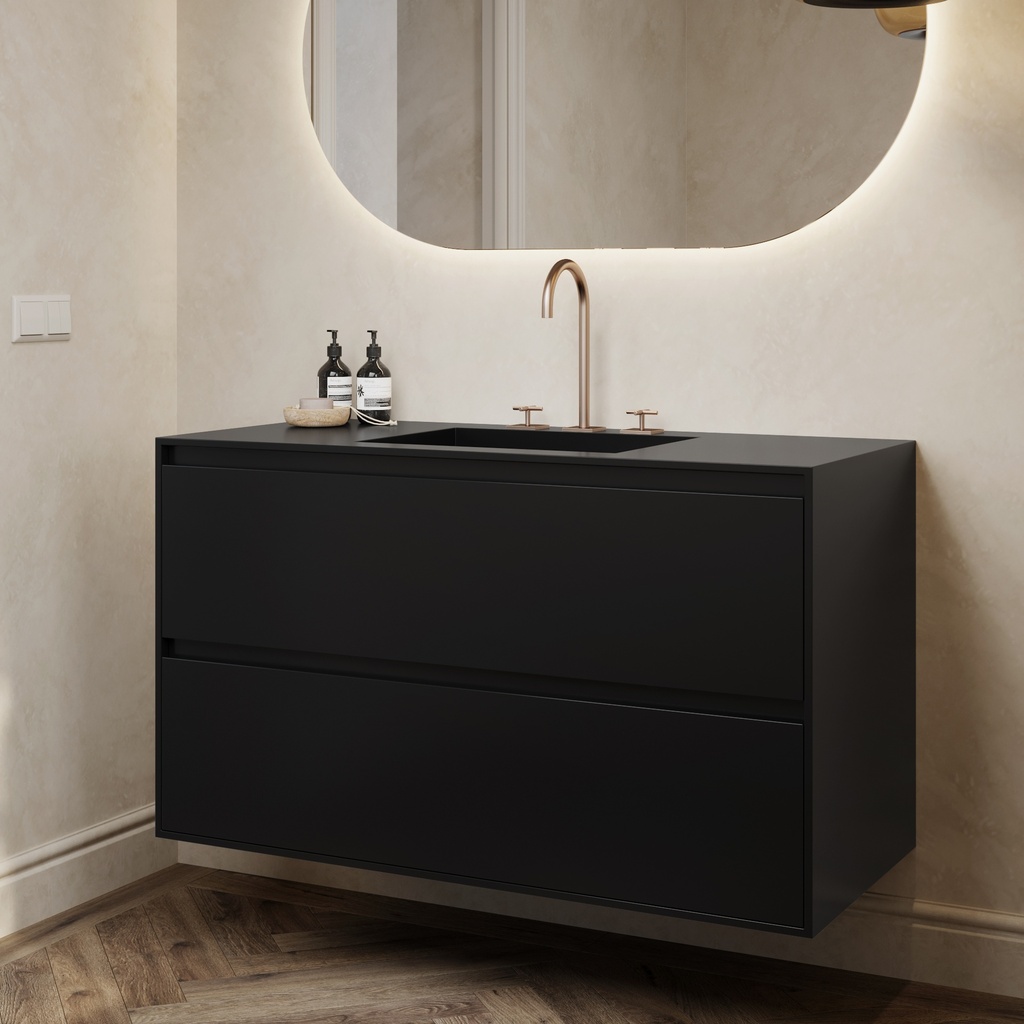 Gaia Corian® Edge Vanity Unit with Corian® Basin | 2 Stacked Drawers · Deep Nocturne Standard Side View