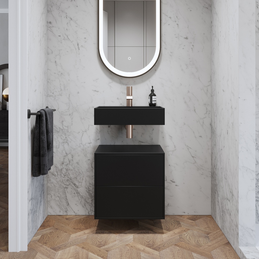 Gaia Corian® Edge Bathroom Cabinet | 2 Stacked Drawers · Mini Deep Nocturne Push Front View