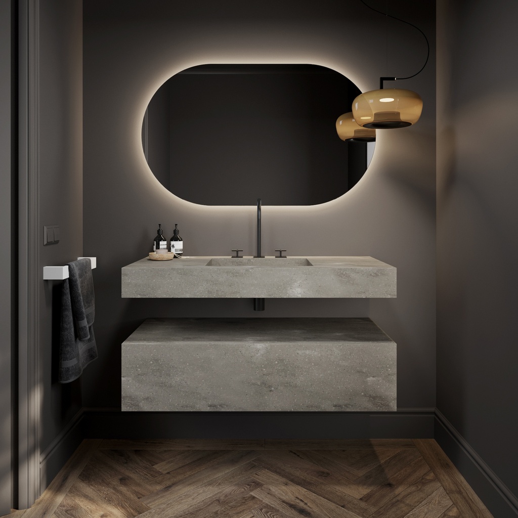 Gaia Corian® Bathroom Cabinet | 1 Drawer · Ash Aggregate Front View