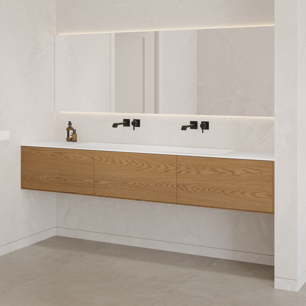 Gaia Wood Edge Vanity Unit with Corian® Basin 3 Aligned Drawers Luxe Size Pure Push Side View