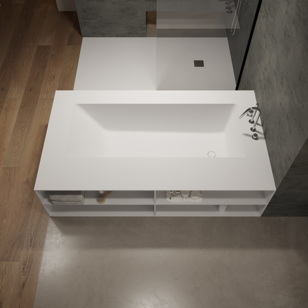 Aquila Bespoke Back-to-Wall Bath in Corian® with Built-in Shelving Top