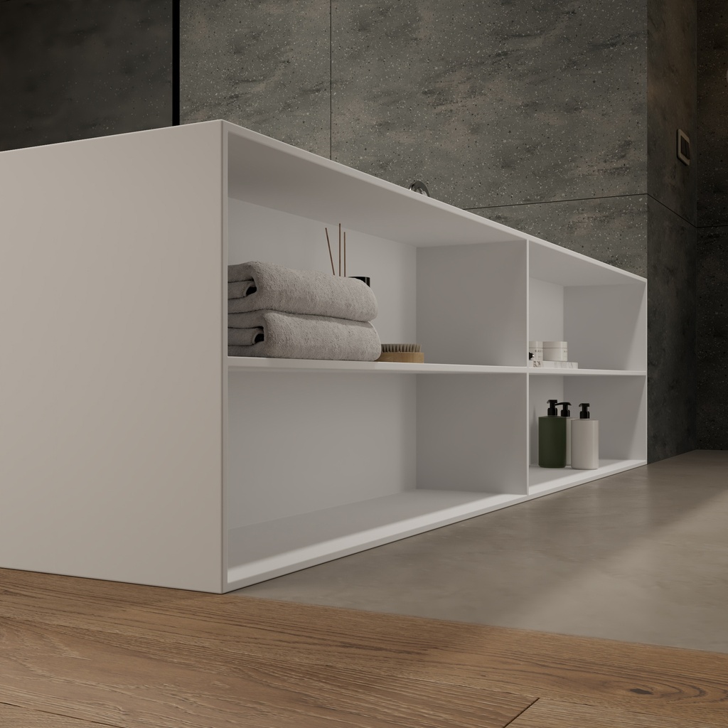 Aquila Bespoke Back-to-Wall Bath in Corian® with Built-in Shelving Detail