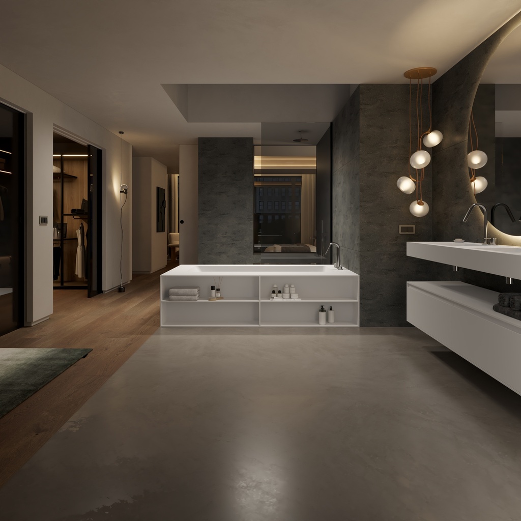 Aquila Bespoke Back-to-Wall Bath in Corian® with Built-in Shelving Overview