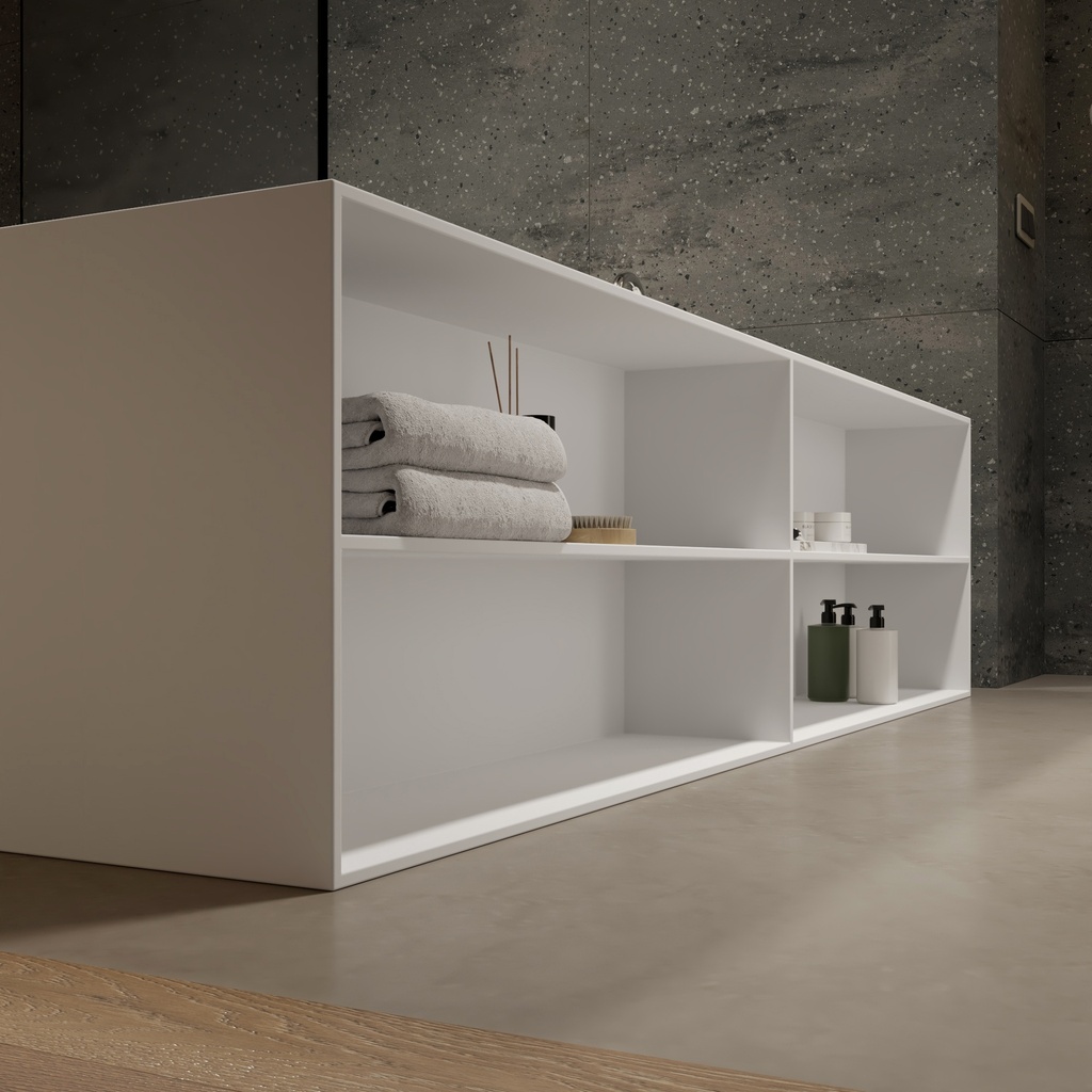 Aquila Bespoke Freestanding Bath in Corian® with Built-in Shelving Detail