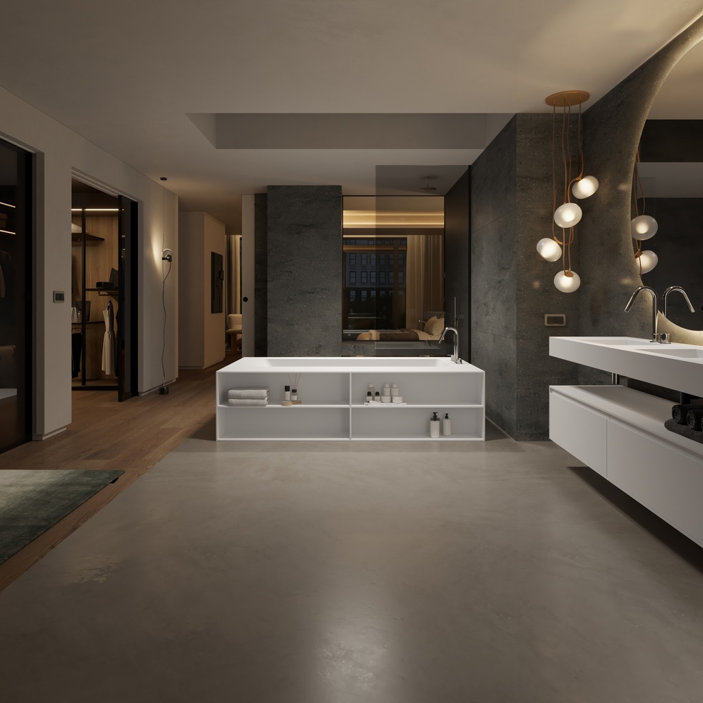Aquila Bespoke Freestanding Bath in Corian® with Built-in Shelving Overview