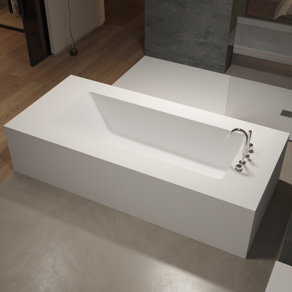 Aquila Bespoke Freestanding Bath in Corian® with Built-in Shelving Side