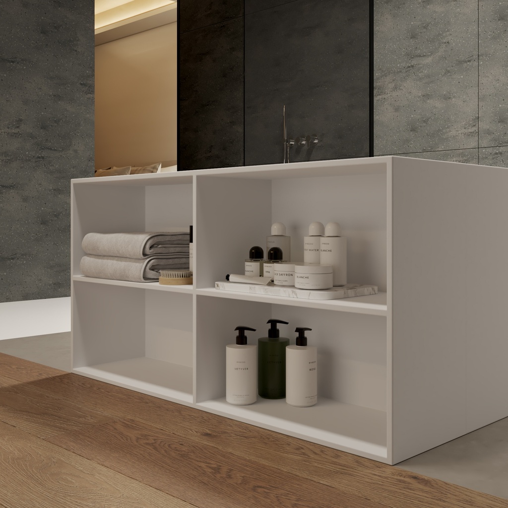 Aquila Bespoke Freestanding Bath in Corian® with Built-in Shelving Detail