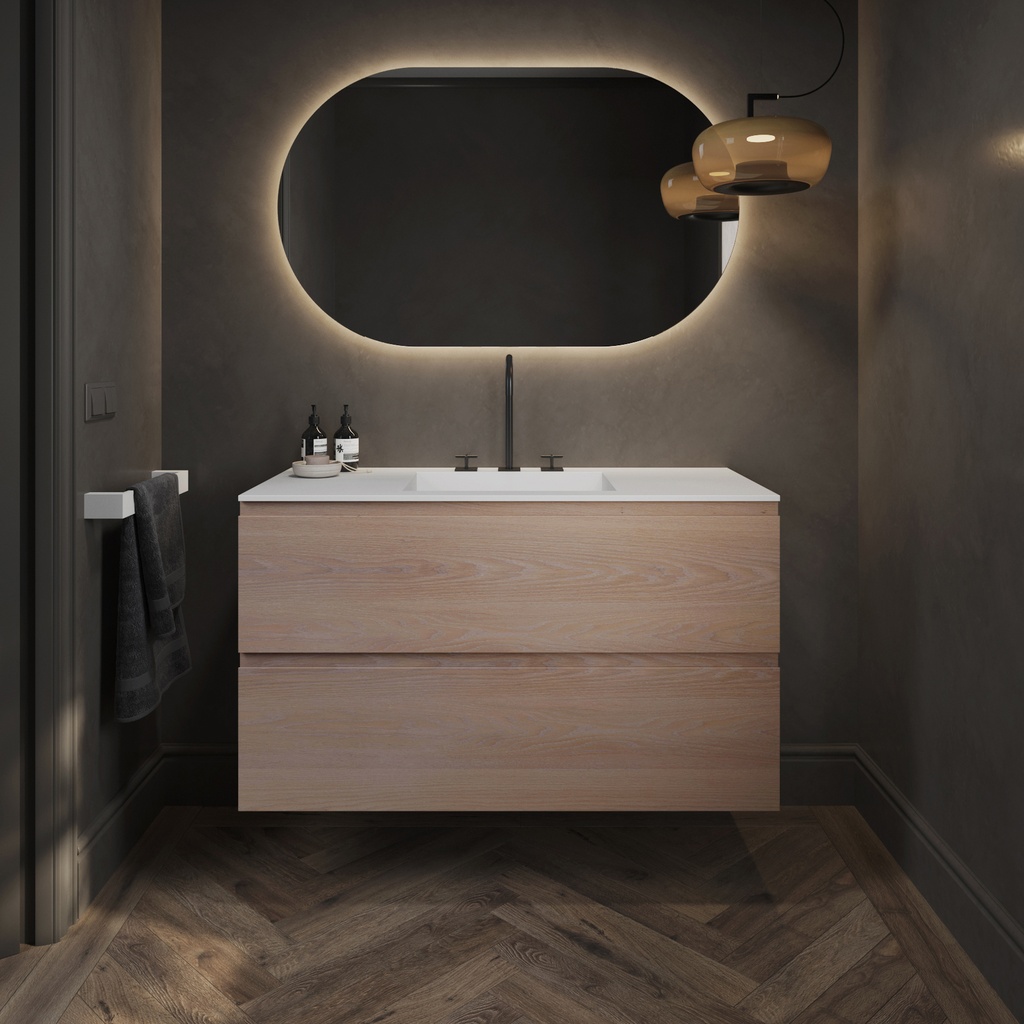 Gaia Wood Vanity Unit with Corian Basin 2 Stacked Drawers Light Std handle Front View