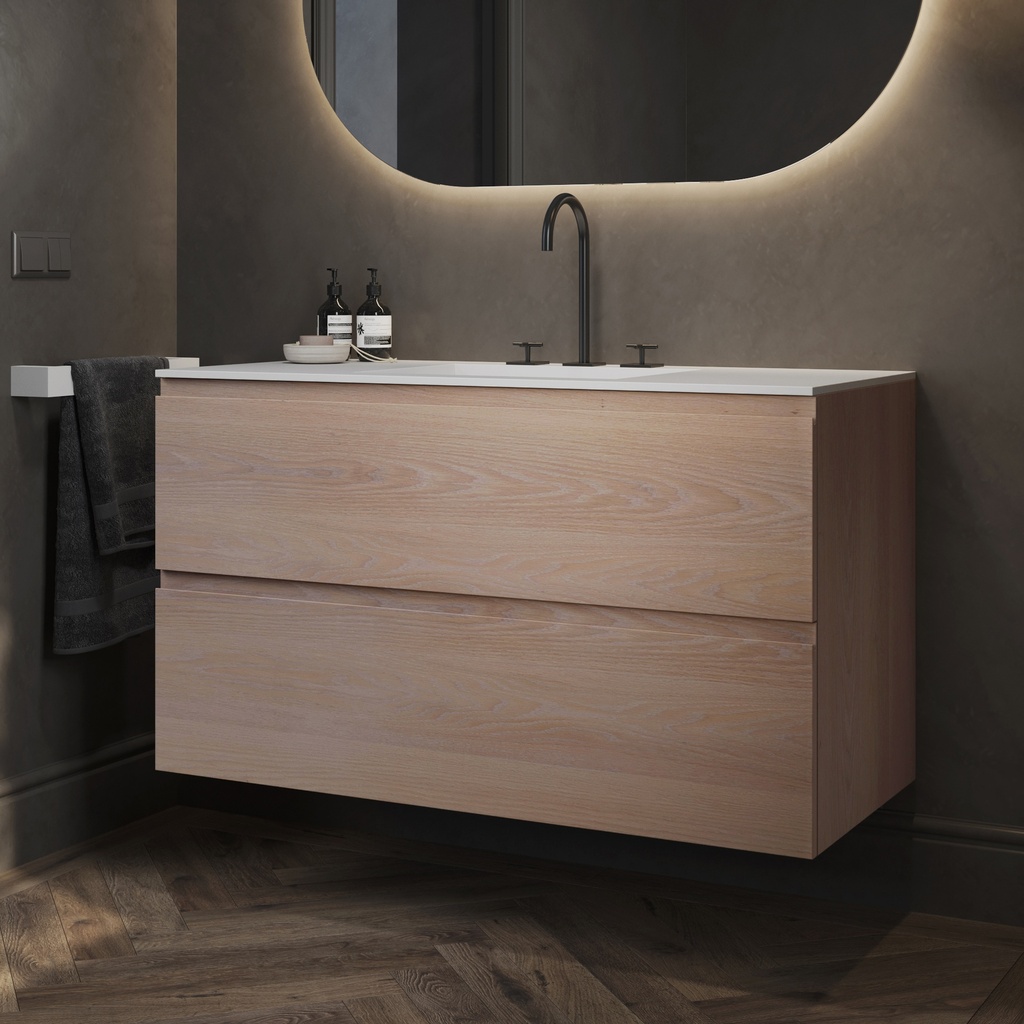 Gaia Wood Vanity Unit with Corian Basin 2 Stacked Drawers Light Std handle Side View