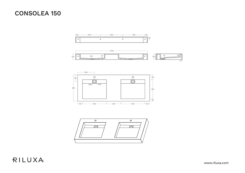 Consolea Wall Hung Double Washbasin 150 TD