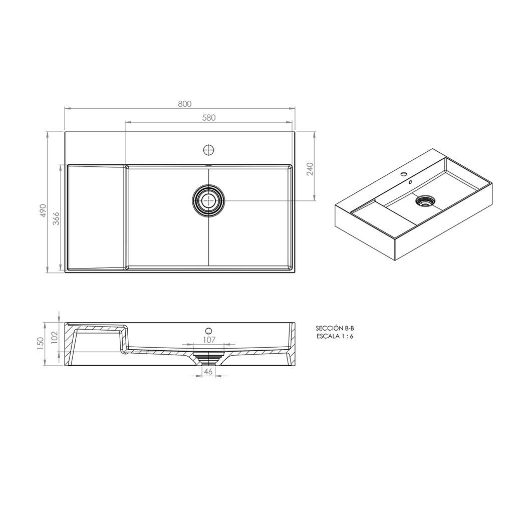 Auriga Corian® Design Wall Hung Washbasin - 80cm Right TD