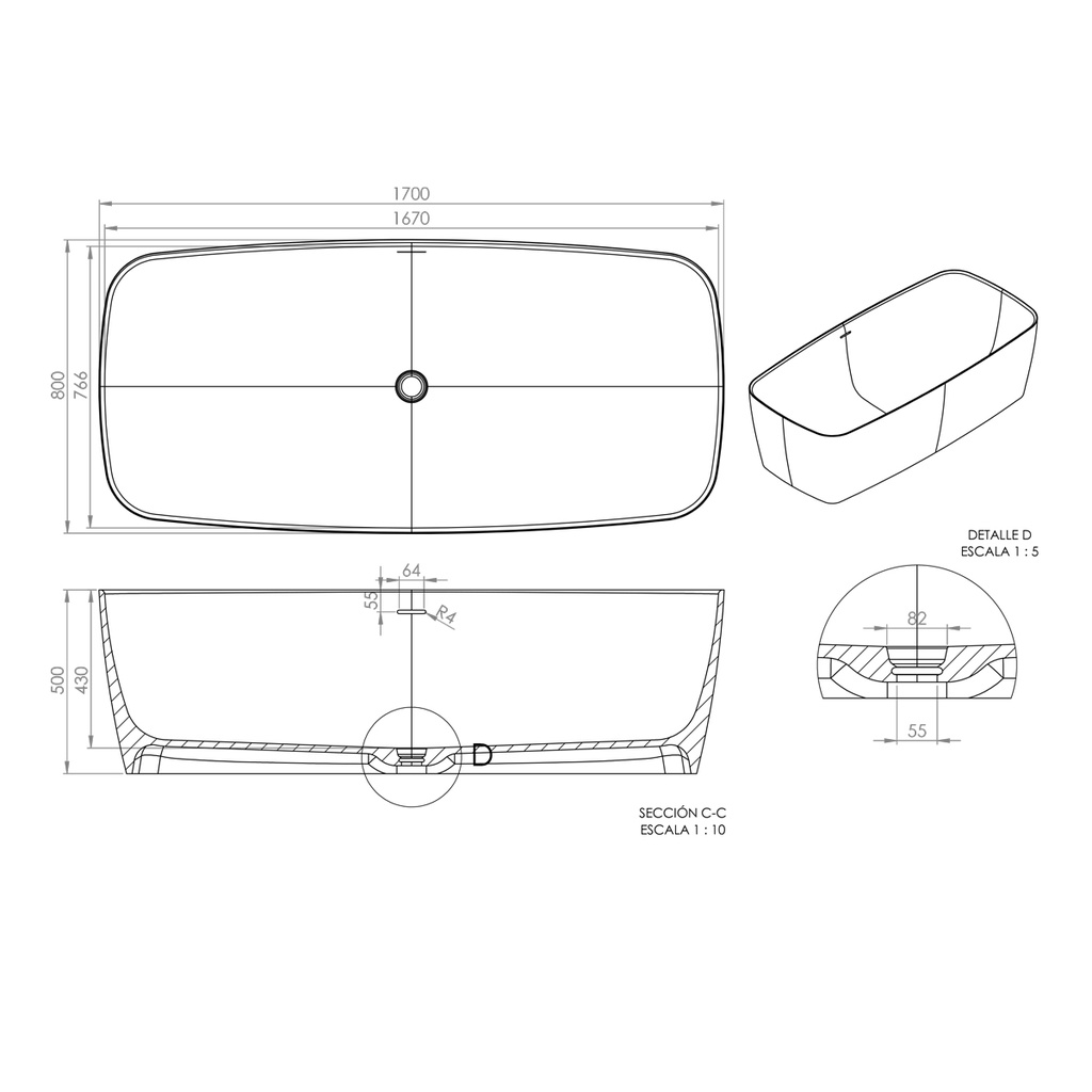 Ursa Corian® Design Freestanding Bathtub 170 TD