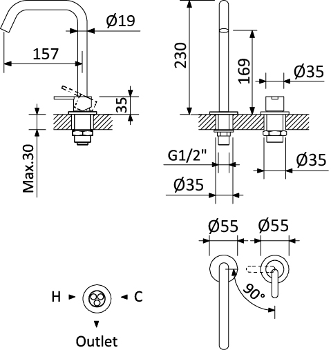 Leaf Deck Mounted 2 Hole Basin Tap - Bruma TD