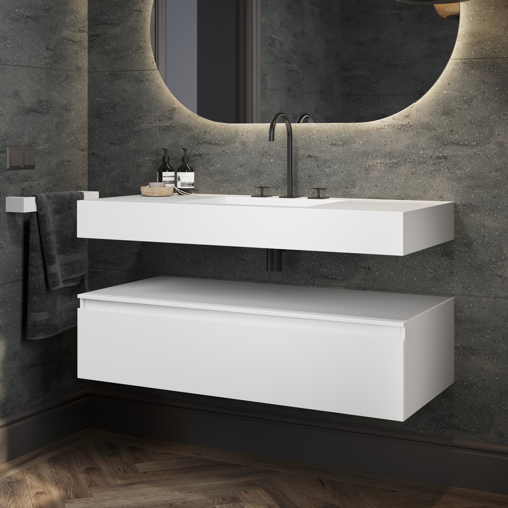 Gaia Corian Bathroom Cabinet 1 Drawer Glacier White Slanted Side View