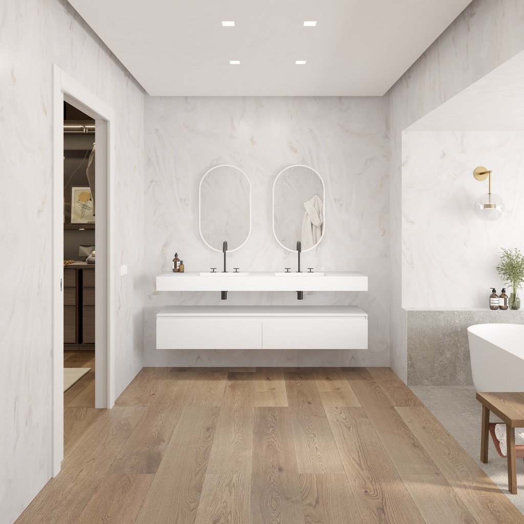 Gaia Corian Bathroom Cabinet 2 Aligned Drawers Glacier White Slanted Overview