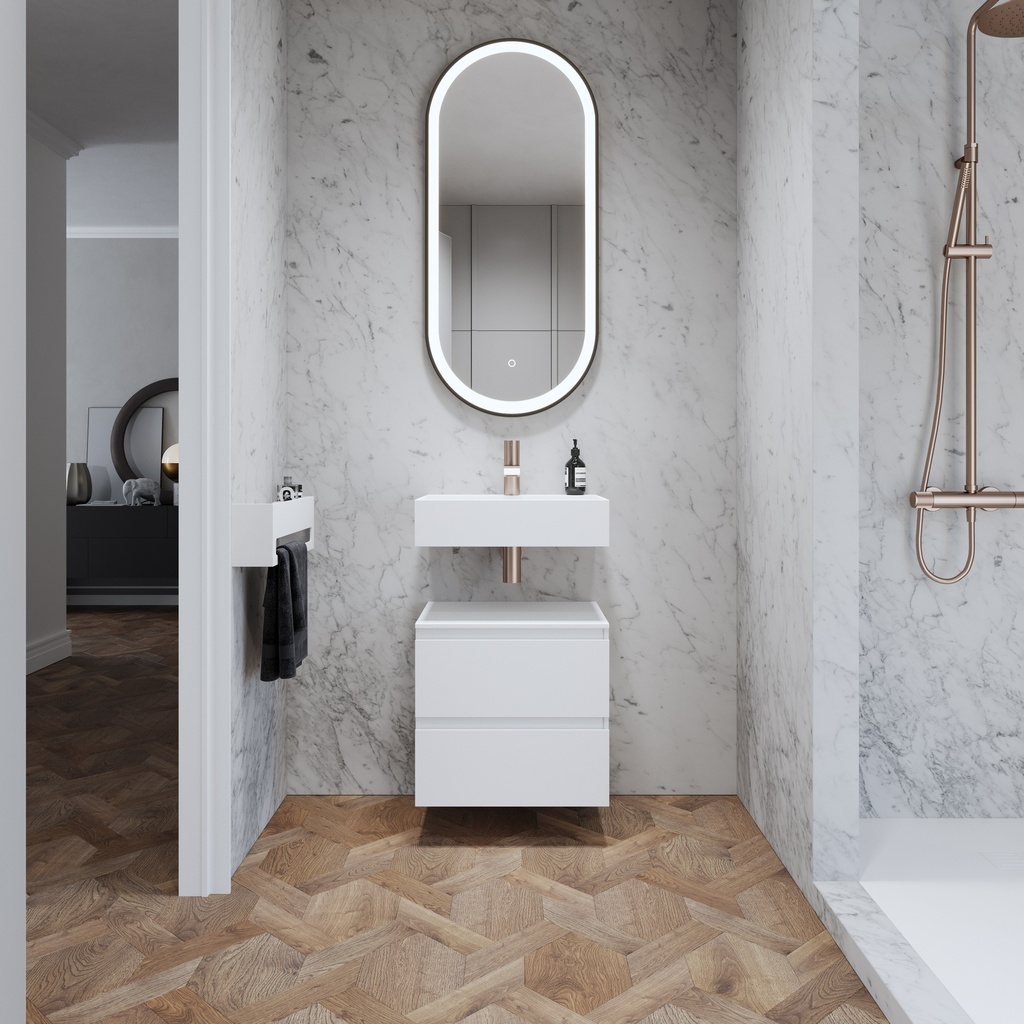 Gaia Corian Bathroom Cabinet 2 Stacked Drawers Mini Glacier White Slanted Overview
