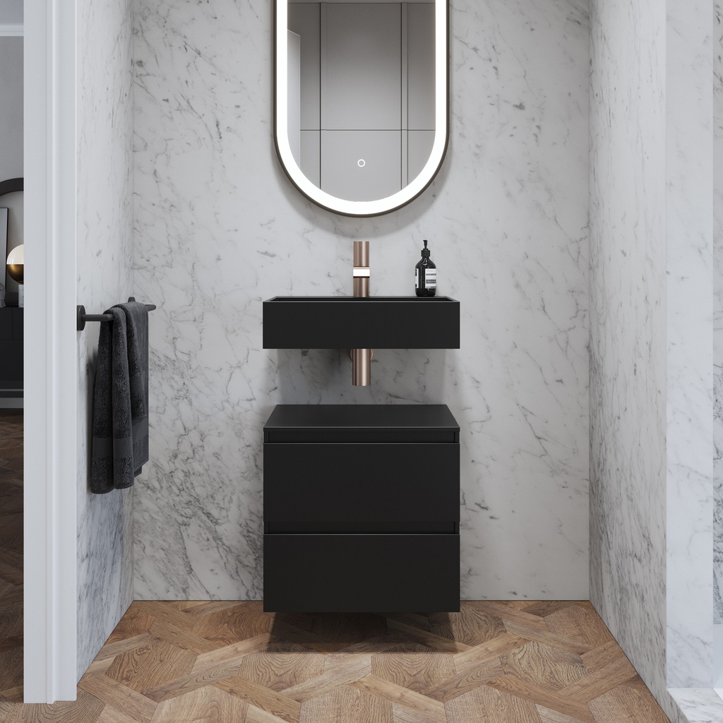 Gaia Corian Bathroom Cabinet 2 Stacked Drawers Mini Deep Nocturne Slanted Front View
