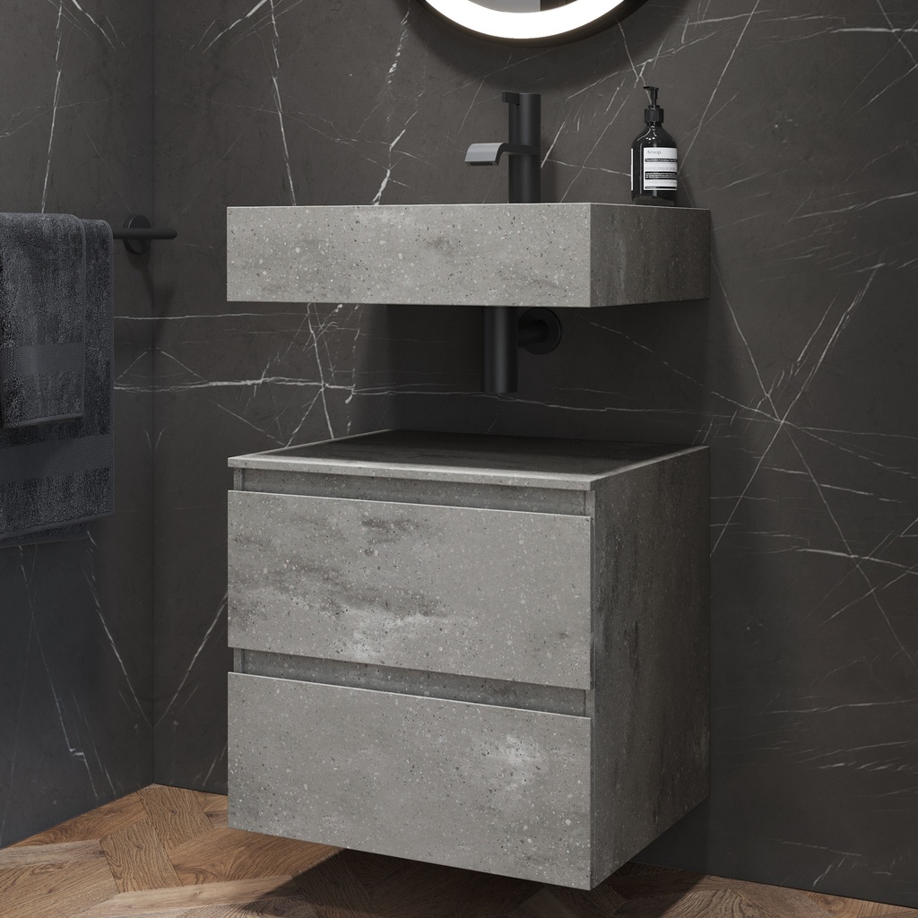 Gaia Corian Bathroom Cabinet 2 Stacked Drawers Mini Ash Aggregate Slanted Side View