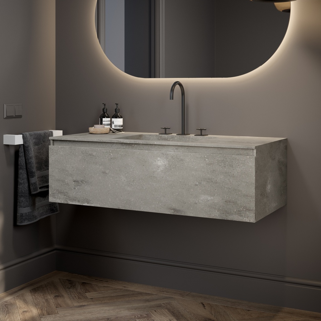 Gaia Corian Vanity Unit with Corian Basin 1 Drawer Ash Aggregate Slanted Side View