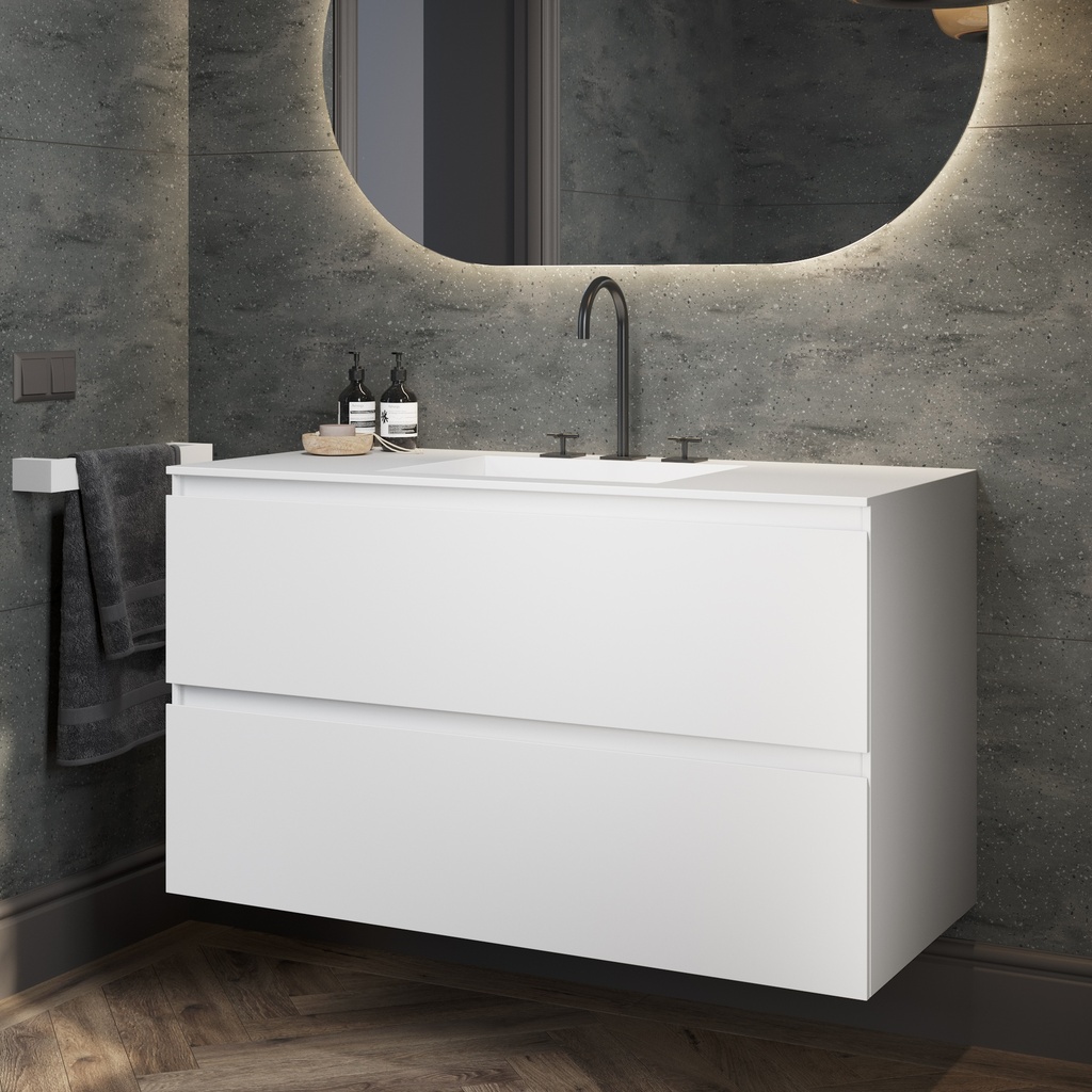 Gaia Corian Vanity Unit with Corian Basin 2 Stacked Drawers Glacier White Slanted Side View