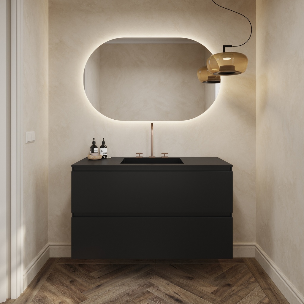 Gaia Corian Vanity Unit with Corian Basin 2 Stacked Drawers Deep Nocturne Slanted Front View