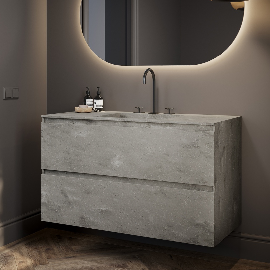 Gaia Corian Vanity Unit with Corian Basin 2 Stacked Drawer Ash Aggregate Slanted Side View