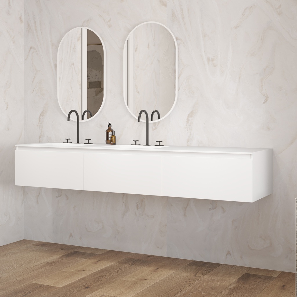 Gaia Corian Vanity Unit with Corian Basin 3 Aligned Drawers Luxe Size Glacier White Slanted Side View