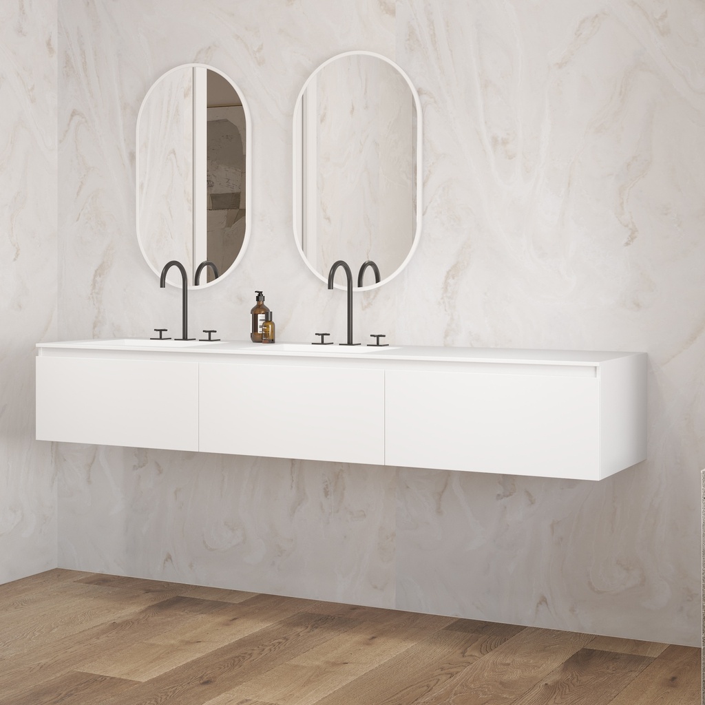 Gaia Corian Vanity Unit with Corian Basin 3 Aligned Drawers Luxe Size Glacier White Slanted Side View