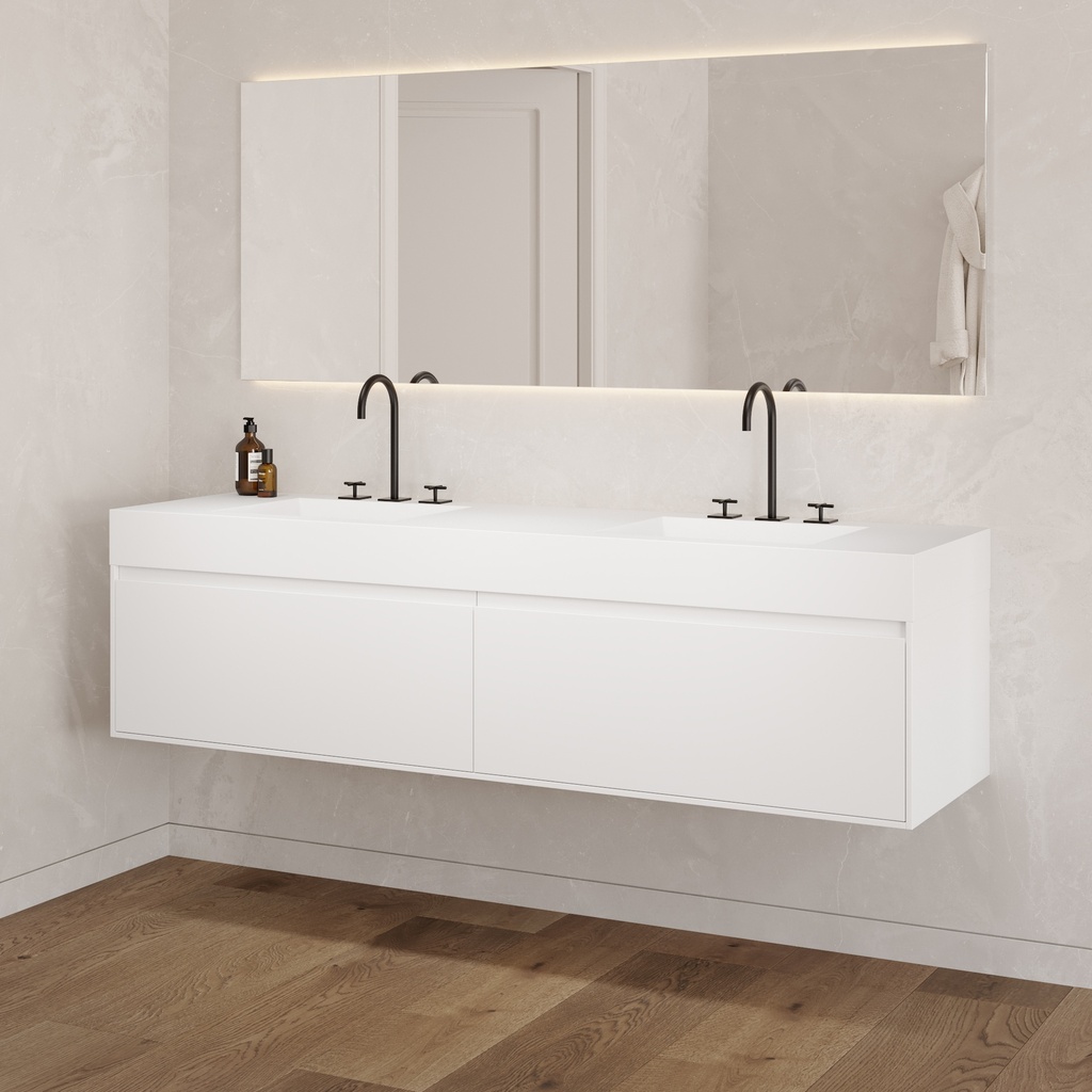 Gaia Classic Edge Vanity Unit with Corian Basin 2 Aligned Drawers Luxe Size White Std handle Side view 12cm