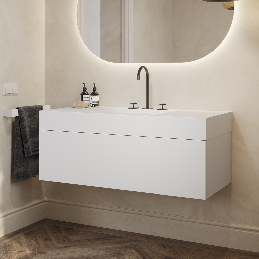 Gaia Classic Vanity Unit with Corian Basin 1 Drawer Luxe Size White Push Side view 12cm