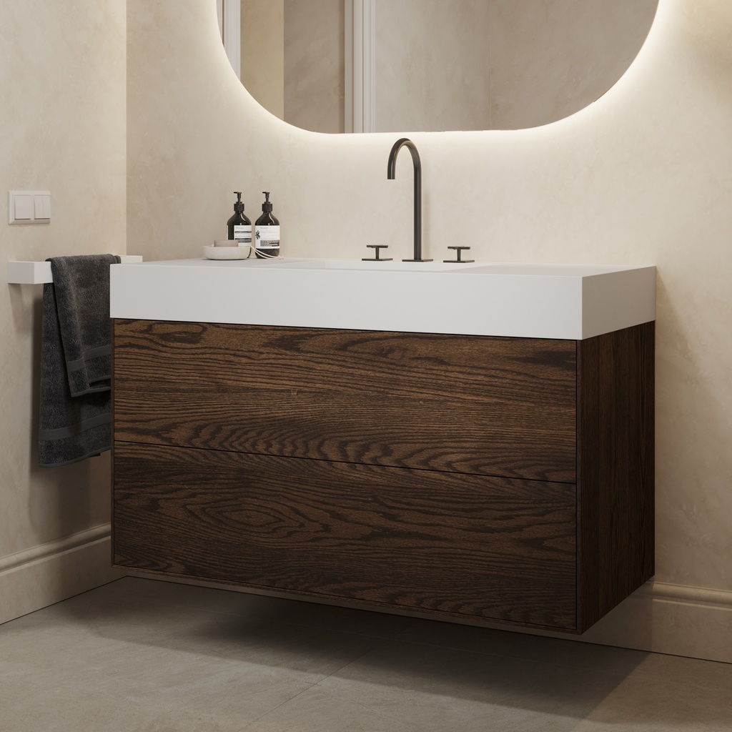 Gaia Wood Edge Vanity Unit with Corian Basin 2 Stacked Drawers Dark Push Side View 12cm