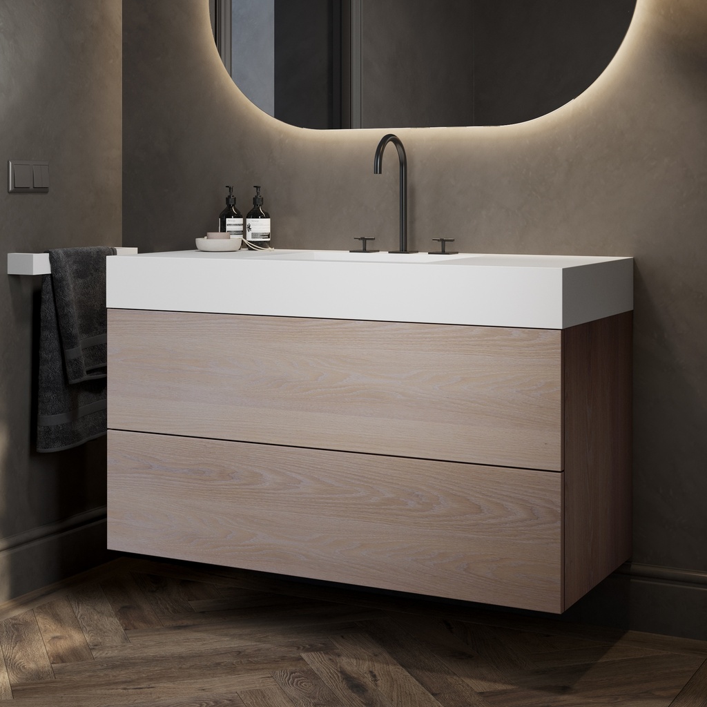 Gaia Wood Vanity Unit with Corian Basin 2 Stacked Drawers Light Push Side View 12cm