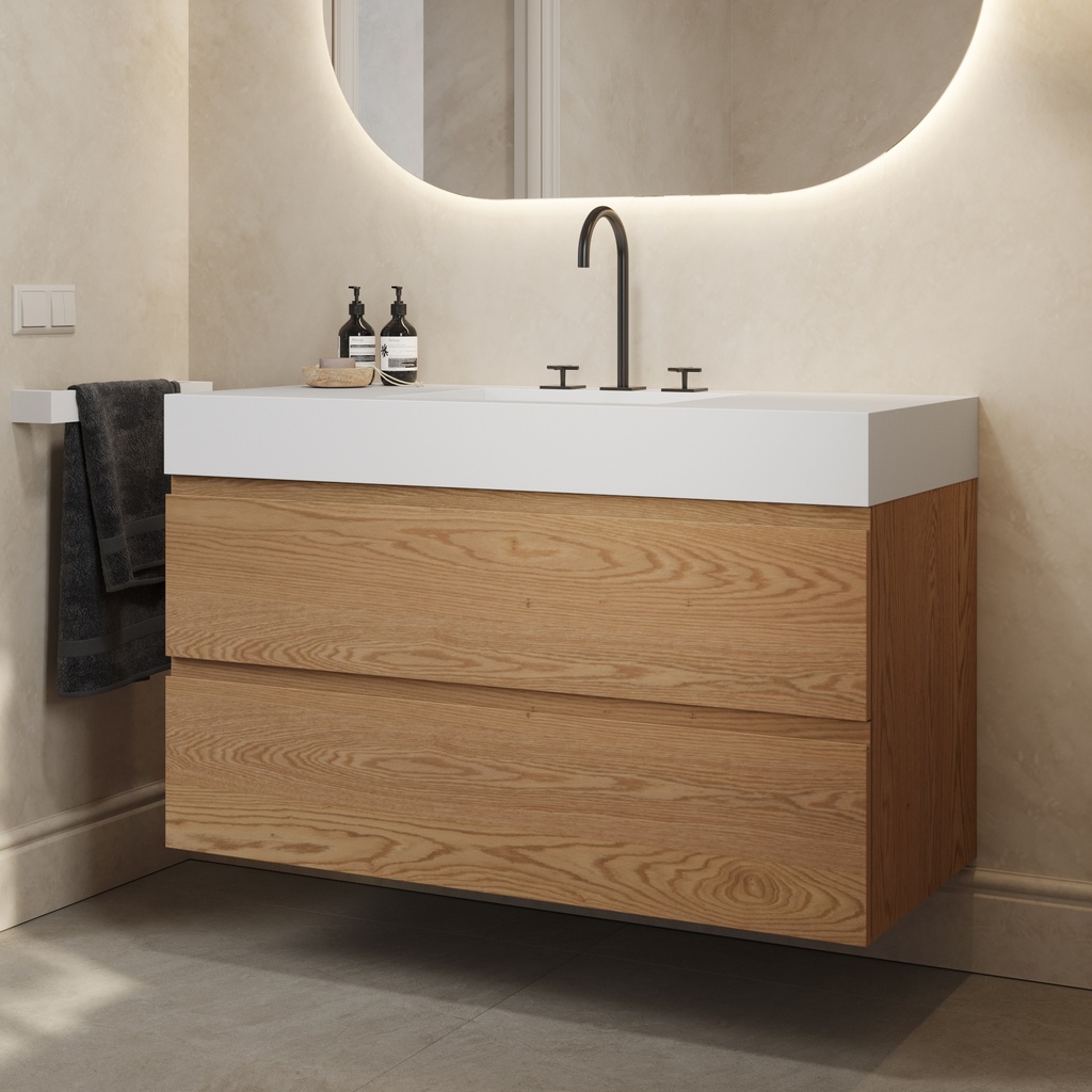 Gaia Wood Vanity Unit with Corian Basin 2 Stacked Drawers Pure Std handle Side View 12cm