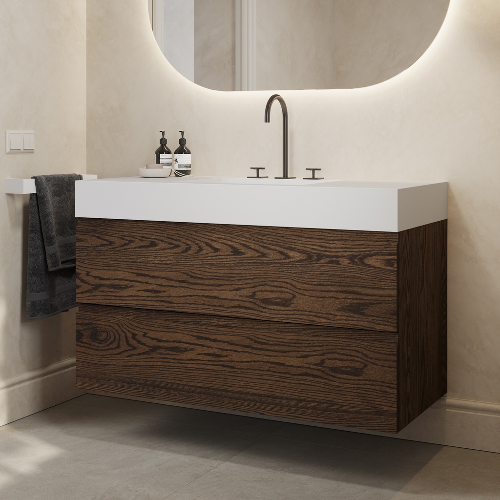 Gaia Wood Vanity Unit with Corian Basin 2 Stacked Drawers Dark Std handle Side View 12cm