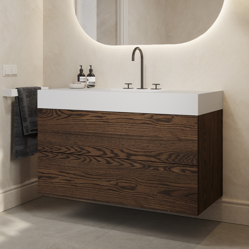 Gaia Wood Vanity Unit with Corian Basin 2 Stacked Drawers Dark Push Side View 12cm