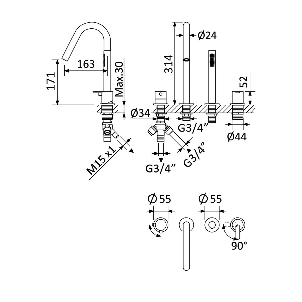 Deck-Mounted Single Lever Bathtub Tap M2 - 1679902 Bruma TD