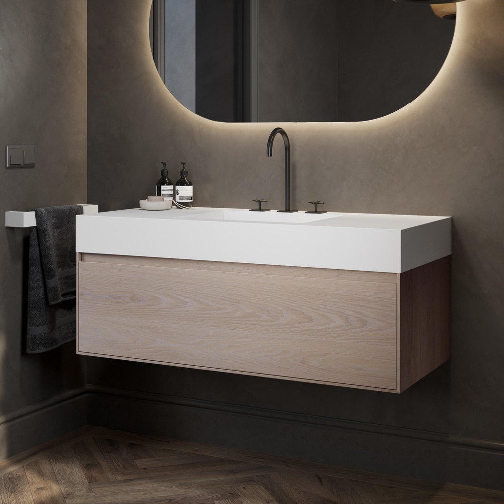 Gaia Wood Edge Vanity Unit with Corian® Basin 1 Drawer Light Std Side View 12cm