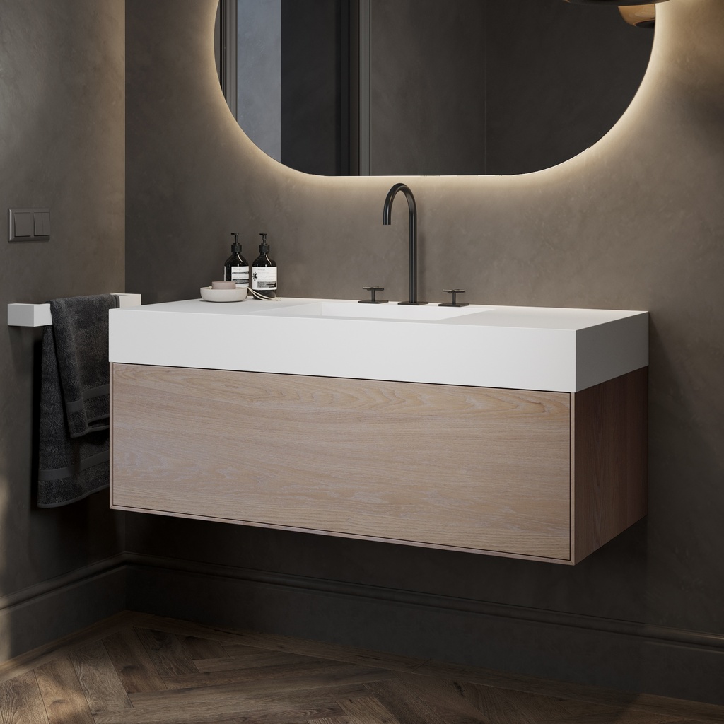 Gaia Wood Edge Vanity Unit with Corian® Basin 1 Drawer Light Push Side View 12cm