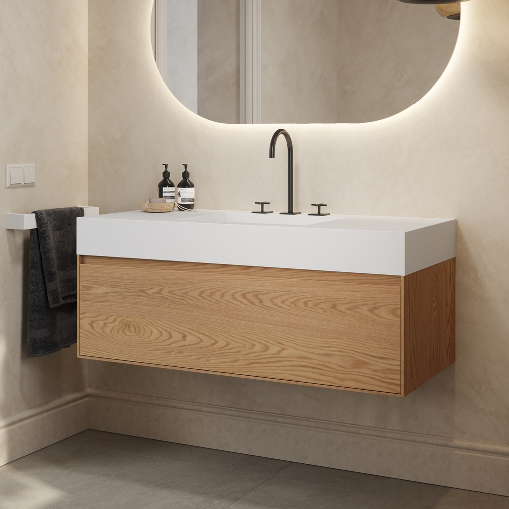 Gaia Wood Edge Vanity Unit with Corian® Basin 1 Drawer Pure Std Side View 12cm