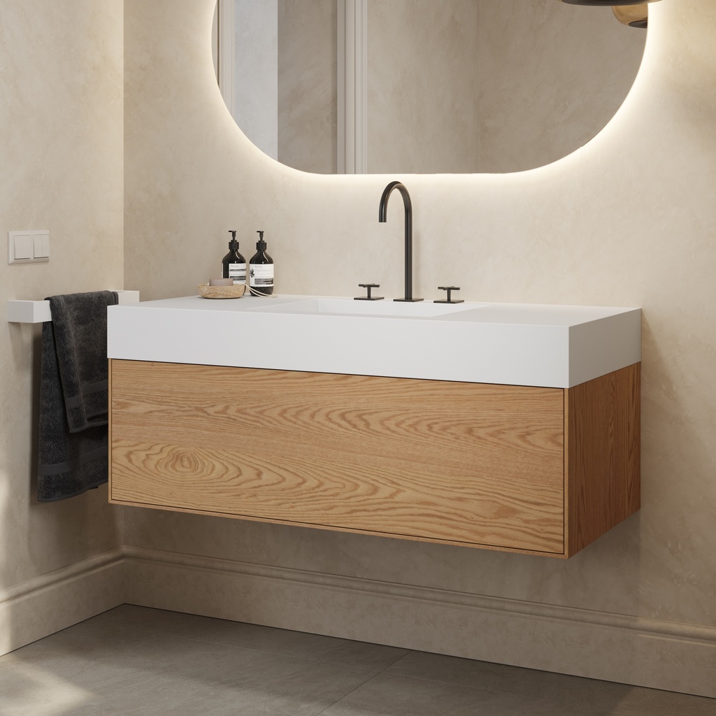 Gaia Wood Edge Vanity Unit with Corian® Basin 1 Drawer Pure Push Side View 12cm