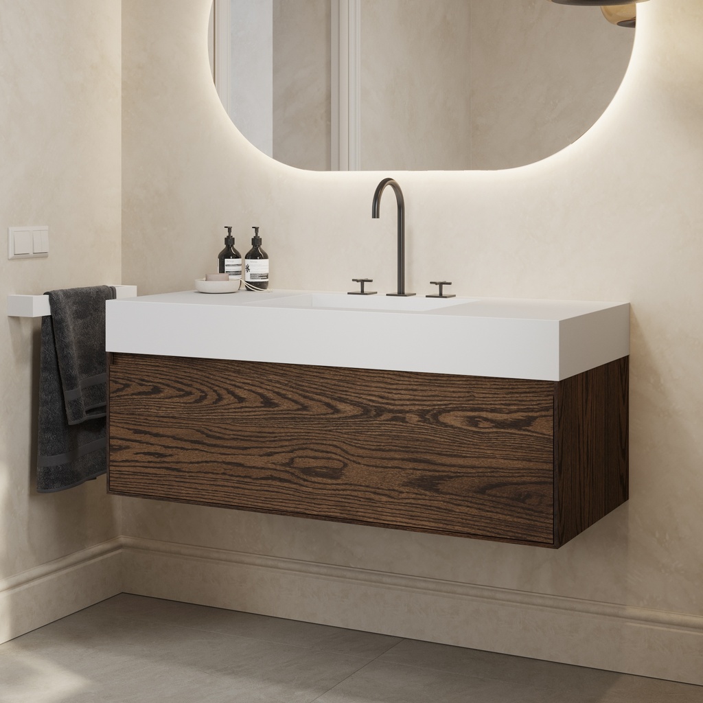 Gaia Wood Edge Vanity Unit with Corian® Basin 1 Drawer Dark Std Side View 12cm