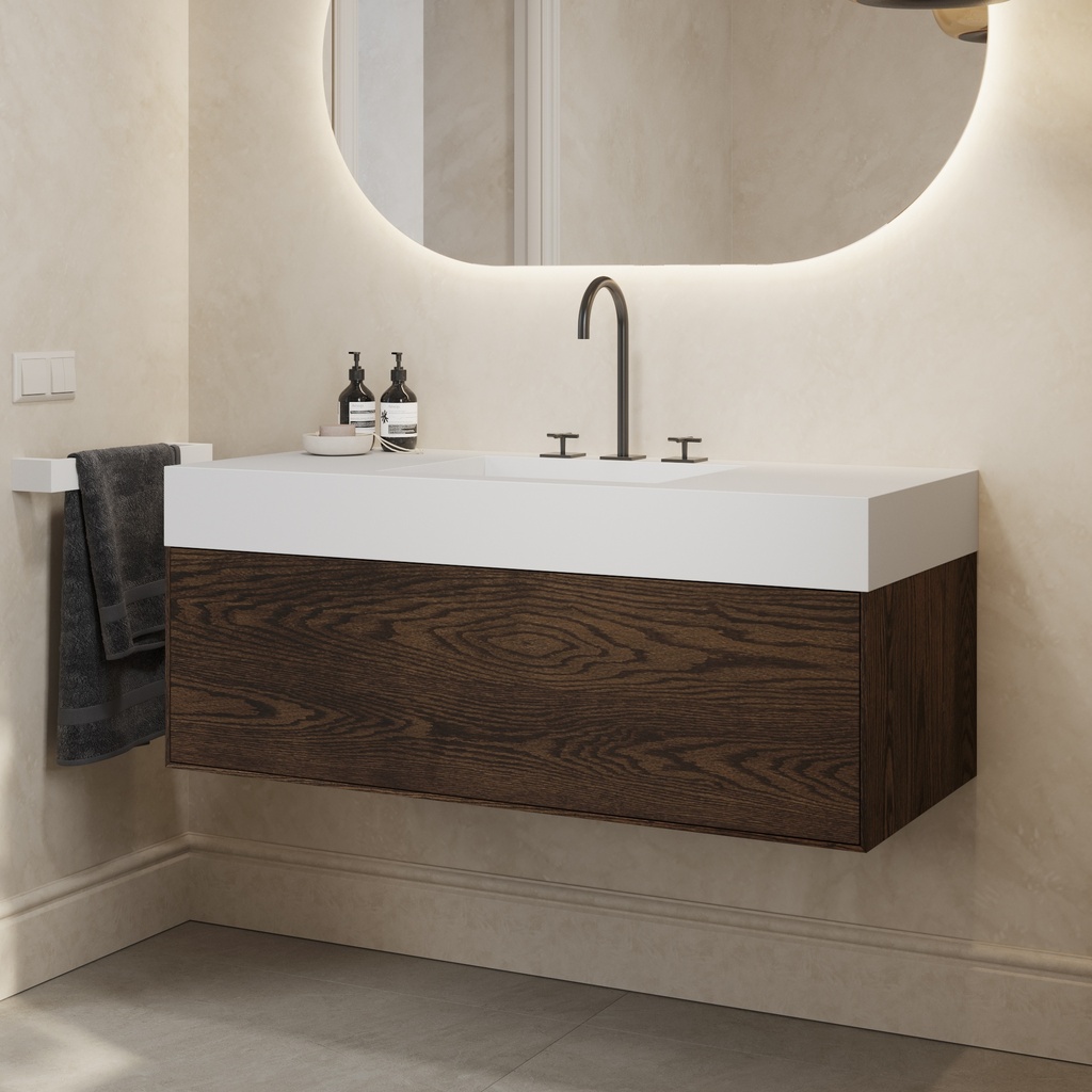 Gaia Wood Edge Vanity Unit with Corian® Basin 1 Drawer Dark Push Side View 12cm