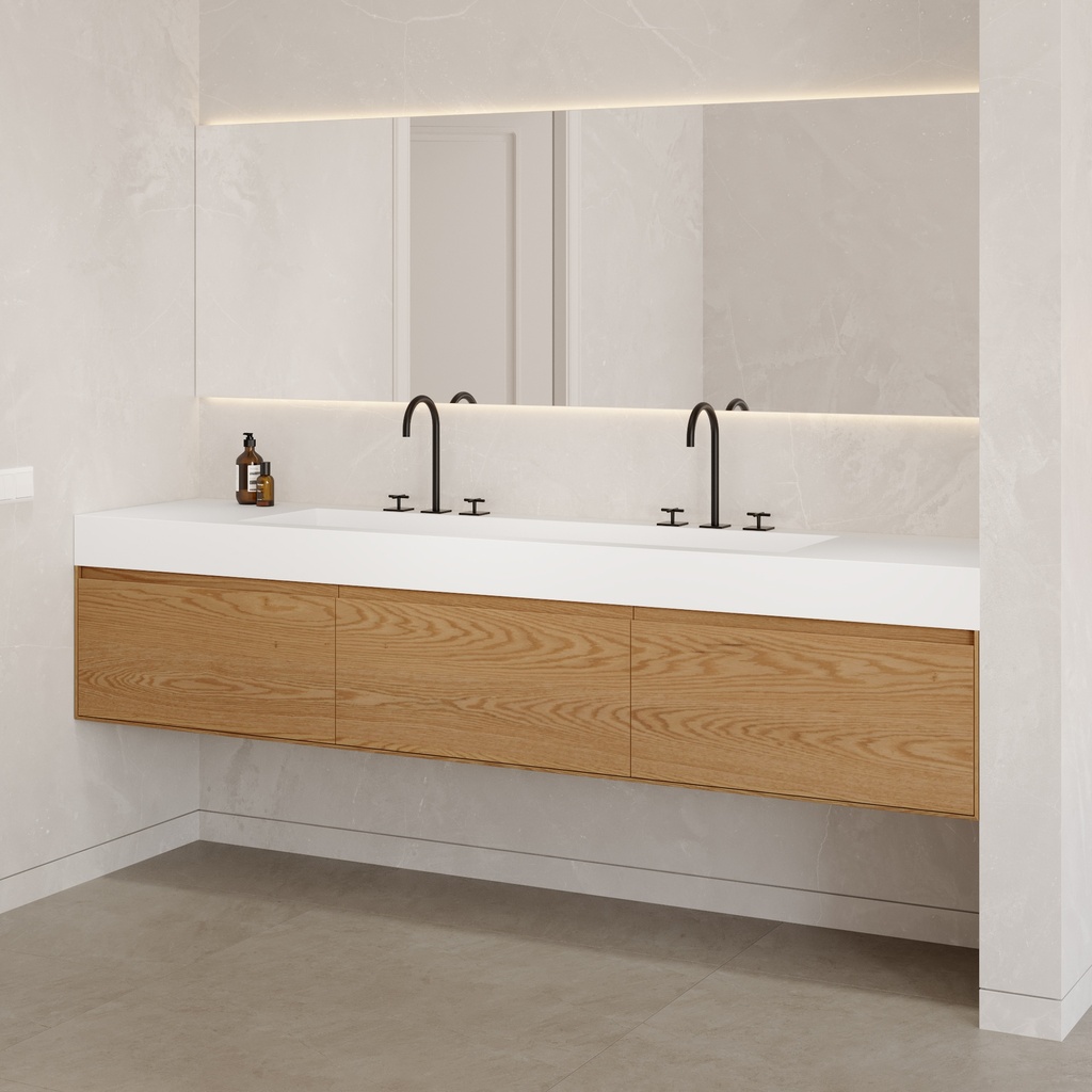 Gaia Wood Edge Vanity Unit with Corian® Basin 3 Aligned Drawers Luxe Size Pure Std Side View 12cm