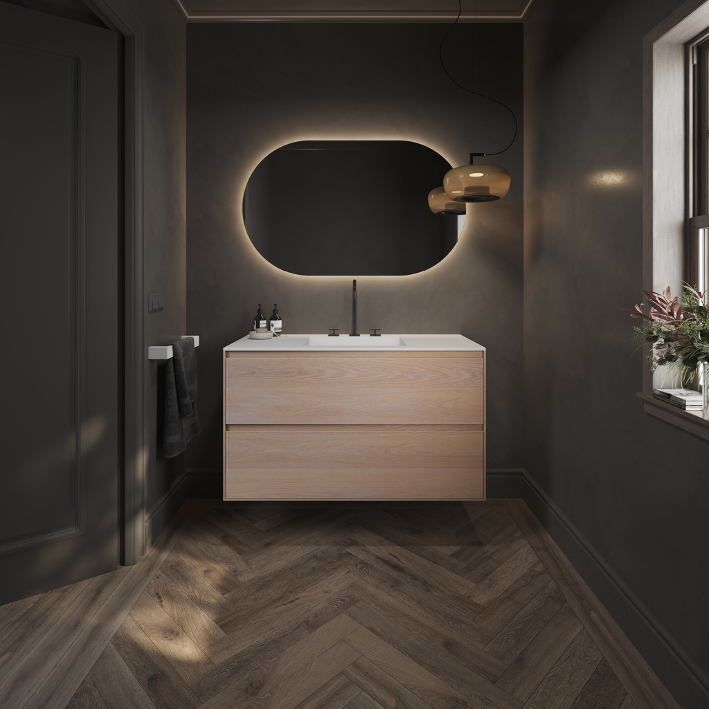 Gaia Wood Edge Vanity Unit with Corian® Basin | 2 Stacked Drawers Light Standard Overview
