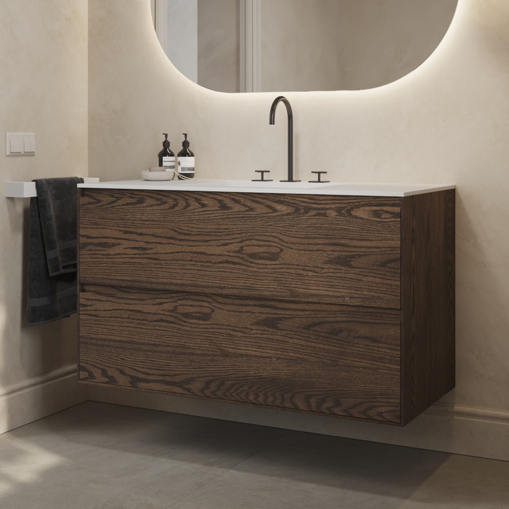 Gaia Wood Edge Vanity Unit with Corian® Basin | 2 Stacked Drawers Dark Push Side