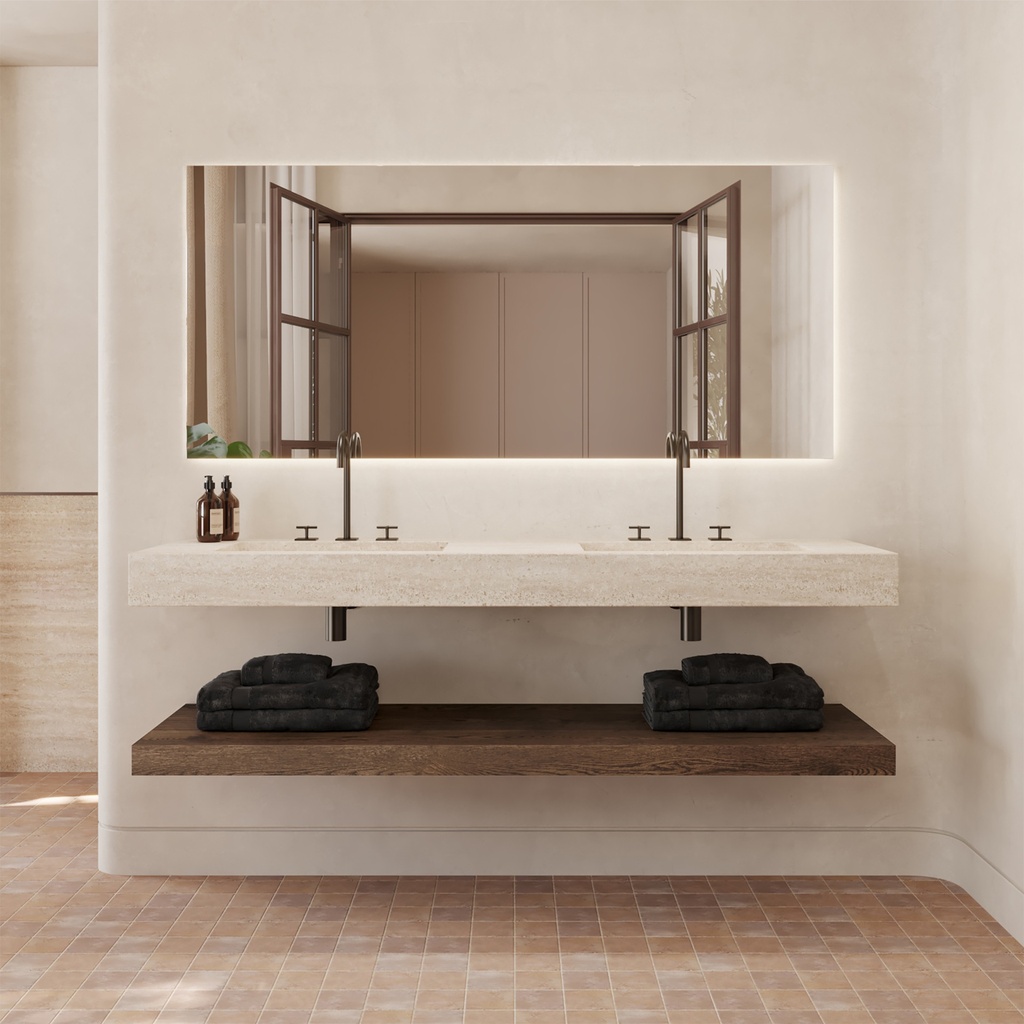 Sagitta Slim Marble Double Wall-Hung Washbasin Travertine Marble Front View